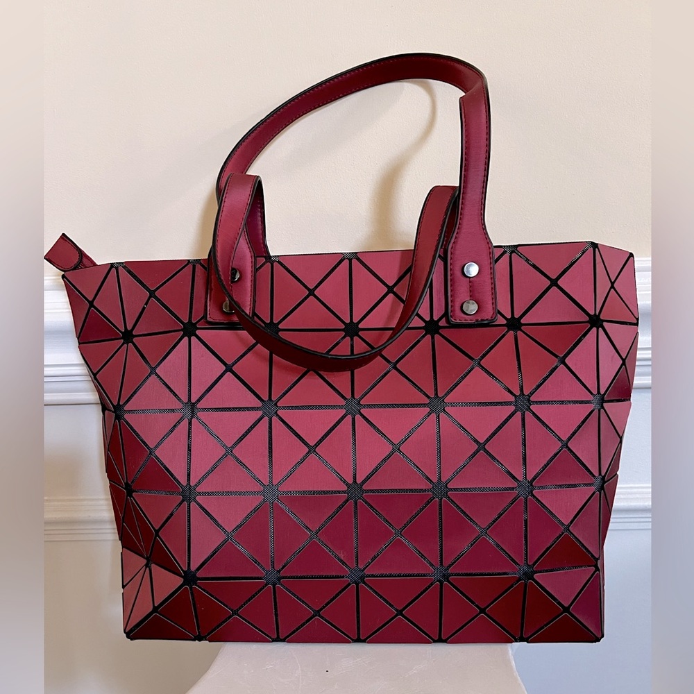 Geometric, Square Shape faceted Matte Burgundy/Black Shoulder-Tote Bag.